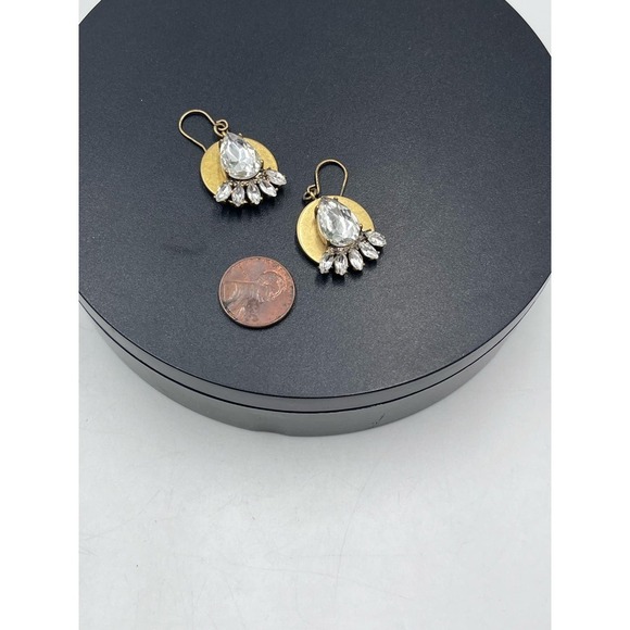 J. Crew Gold Tone Disc Teardrop Marquis Rhinestone Dangle Earrings - Picture 10 of 10